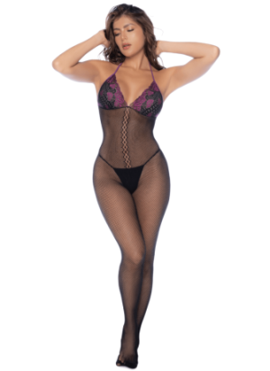Combinaison en résille et dentelle noire et violette - MAL1122BKPU